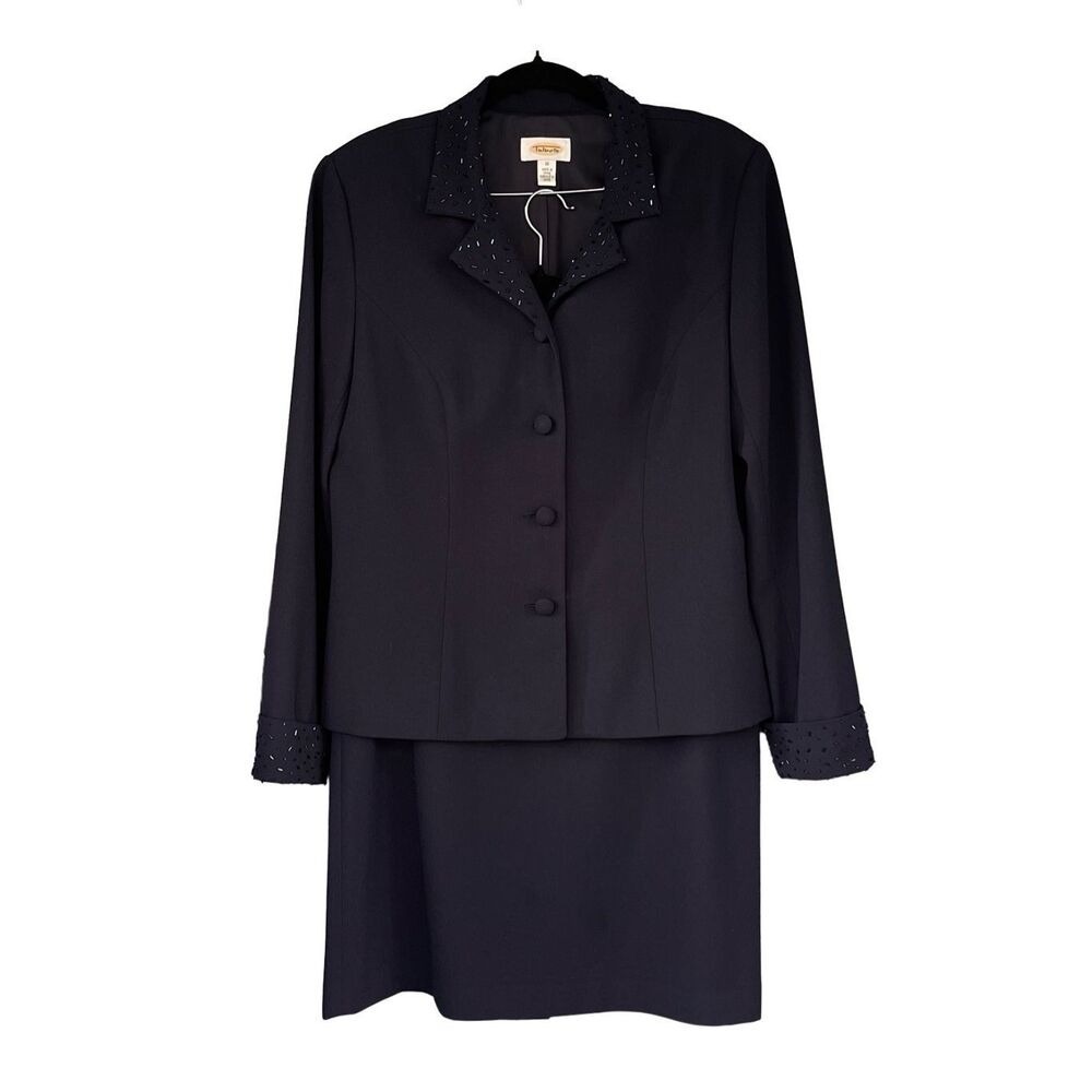 SK1‎ Vintage Talbots Navy Blue Beaded Collar Skirt Suit Set Blazer Skirt